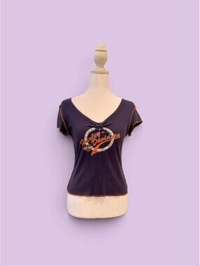 Harley Davidson navy blue v neck tee with orange stitching